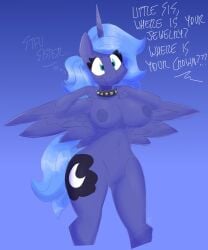 absurd_res alicorn anthro anthrofied blue_body blue_eyes blue_nipples breasts collar cutie_mark english_text equid equine eyelashes feathered_wings feathers female flutterthrash friendship_is_magic genitals hasbro hi_res horn mammal my_little_pony nipples nude princess_luna_(mlp) pussy spiked_collar spikes spread_wings text wide_hips wings