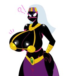 alien alien_humanoid big_breasts bikini bikini_top black_body black_skin bracelet breasts cassette_spicy clothing duck_dodgers exclamation_point facial_markings female grey_hair hair hand_on_hip head_markings hi_res huge_breasts humanoid jewelry long_hair looking_at_breasts markings martian mouthless navel necklace purple_clothing purple_eyes queen_tyr'ahnee question_mark simple_background solo swimwear thick_thighs translucent translucent_clothing white_background wide_hips