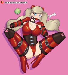 ann_takamaki ball_gag bitchsuit blonde_hair bone breasts collar fake_animal_ears high_heel_boots highleg_leotard large_breasts leotard persona persona_5 pet_play petplay piddlefours starlitewarrior tennis_ball twintails