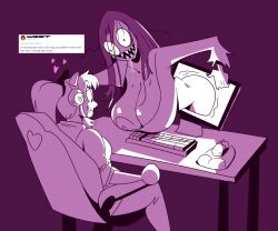 areola big_breasts bodily_fluids breasts cassette_spicy cassettensfw chair cleavage clothed clothing computer_mouse drooling furniture gaming_chair ghost hair headphones heart human humanoid keyboard long_hair looking_at_breasts mammal monitor nipple_slip nipples open_mouth open_smile ponytail purple_background saliva sharp_teeth simple_background smile spirit table teeth text undead wide_eyed