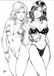 2girls bikini black_and_white caio_marcus cleavage crossover dc dc_comics diana_prince fit_female imminent_yuri large_breasts sara_pezzini voluptuous witchblade wonder_woman wonder_woman_(series)