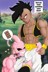 2boys bulge bulge_through_clothing chocolate clothed clothing dark-skinned_male dark_skin dragon_ball dragon_ball_z fangs gay heart hearts human humanoid interspecies inviting kid_buu kidpunk16 looking_at_bulge majin_buu male male/male male_only muscular muscular_male one_eye_closed outside pants pervert pink_body pink_skin question question_mark red_eyes sound_effect uub warrior yaoi