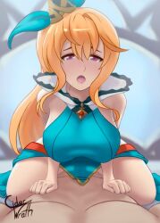 1boy 1girls blonde_hair blush ciderwrath clothed clothed_male_nude_female clothed_sex cowgirl_position cygames dragalia_lost elisanne eye_contact first_person_view large_breasts long_hair looking_at_viewer looking_pleasured nintendo nude pink_eyes pov vaginal_penetration