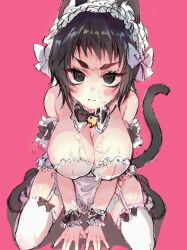 alternate_costume apron bare_shoulders big_breasts black_eyes black_hair blush cat_ears cat_tail catgirl cleavage cum_on_breasts cum_on_face demon_slayer detached_collar embarrassed female female_only frills garter_straps genderswap_(mtf) high-angle_view huge_breasts kaigaku kimetsu_no_yaiba lace lace_trim looking_at_viewer maid maid_headdress maid_uniform neck_ribbon pink_background rule_63 short_hair sitting solo sweat thick_eyebrows thick_thighs thighhighs wariza white_legwear white_thighhighs wrist_cuffs