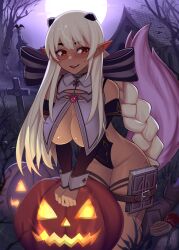 absurdres blonde_hair bow braid breast_curtains breasts collar cowboy_shot dark-skinned_female dark_elf dark_skin elf elf_ears female fire glasses graveyard halloween highres jack-o'-lantern jewelry kneeling long_hair moon moonlight night night_sky original ornament pointy_ears pumpkin revealing_clothes rezodwel skimpy sky swimsuit tail thighs