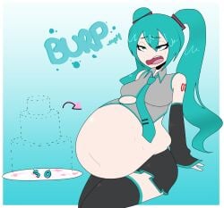 1girls bbw belly big_belly birthday birthday_cake bloated_belly blue_eyes blue_hair breasts burp burping chubby eatmorecake fat female female_only hatsune_miku huge_belly light-skinned_female light_skin long_hair nyanilla_ overweight sitting solo solo_female stuffed vocaloid