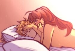 after_sex blonde_hair brown_eyes camelot canon_couple golden_sun happy headpat isaac_(golden_sun) jenna_(golden_sun) large_breasts long_hair love nintendo nude red_hair romantic romantic_ambiance short_hair sleeping smile spiky_hair topless wholesome xxaylu