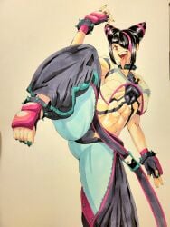 1girls abs ass ass_visible_through_thighs big_ass cameltoe clothing female female_only gloves hair_over_one_eye juri_han leg_up looking_at_viewer muscular_female octavius_dp solo spiked_bracelet spiked_collar street_fighter thick_thighs tongue tongue_out