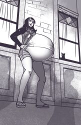 1girls belly big_belly black_hair canon_pregnancy female flip_flops jessica_drew marvel marvel_comics olympic-dames open_toe_shoes pregnant sandals spider-woman underbelly