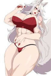 1girls abs blush bra deathblight ferania_(deathblight) fit fit_female large_breasts long_nails looking_away manicure muscles muscular muscular_female panties pout red_eyes solemn_note_(artist) thick_thighs white_fur white_hair wolf_ears wolf_girl wolf_tail