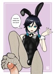 black_nails bunny_boy bunny_ears bunnysuit cute femboy fishnets foot_fetish footjob footjob_with_legwear gay_fetish genshin_impact mugibunbun painted_toenails penis stepped_on venti_(genshin_impact) yaoi