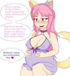 animal_ears belly blush cat_ears cat_tail catgirl choker collar english english_text hands_on_belly headband large_breasts long_hair nekomatic nightgown nipples_visible_through_clothing pink_hair pregnant pregnant_belly red_eyes see-through_clothing wedding_ring