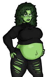 1girls belly big_belly big_breasts breasts female green_hair green_skin marvel marvel_comics nasuokaa-san pregnant she-hulk torn_clothes