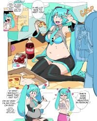 2girls bbw belly big_belly blue_eyes blue_hair breasts chubby clothing eating english_text fat female female_only food hatsune_miku lewdlemage light-skinned_female light_skin long_hair multiple_girls obese stuffed stuffed_belly text vocaloid