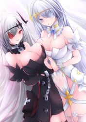 2girls absurdres asymmetrical_docking azur_lane bare_shoulders black_dress black_vs_white blue_eyes breast_press breasts cleavage contrast detached_collar detached_sleeves dress dual_persona dutch_angle emden_(azur_lane) flower flower_in_eye highres large_breasts long_hair multiple_girls osatou_(soul_of_sugar) padlocked_collar red_eyes red_flower red_rose rose simple_background strapless strapless_dress symbol_in_eye very_long_hair white_background white_dress white_flower white_hair white_rose