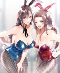 2girls absurd_res absurdres aerith_gainsborough alternate_costume animal_ears bare_shoulders big_breasts braided_ponytail breast_focus breasts breasts_focus brown_hair bunny_ears bunny_girl bunny_tail bunnysuit busty choker cleavage curvy eye_contact female female_focus female_only final_fantasy final_fantasy_vii final_fantasy_vii_remake fishnet fishnet_legwear fishnet_pantyhose fishnets green_eyes hand_on_hip hi_res high_resolution highres jewelry large_breasts leotard light-skinned_female light_skin long_hair looking_at_viewer medium_breasts multiple_girls playboy_bunny ponytail pov_eye_contact rabbit_ears rabbit_tail red_eyes ribbon_choker shoji_sakura simple_background smile smiling smiling_at_viewer smooth_skin square_enix tagme thick_thighs thighs tifa_lockhart voluptuous voluptuous_female wink winking winking_at_viewer