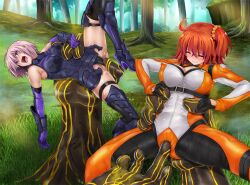 2girls ahoge armor armored_dress blush bodysuit breasts cameltoe command_spell covered_nipples cyclone cyclone_(reizei) fate/grand_order fate_(series) fingering fingering_through_clothes fujimaru_ritsuka_(female) fujimaru_ritsuka_(female)_(chaldea_combat_uniform) grabbing hair_ornament hair_over_one_eye hair_scrunchie hand_tattoo highres large_breasts mash_kyrielight multiple_boys multiple_girls official_alternate_costume one_side_up orange_bodysuit orange_hair orange_scrunchie purple_eyes purple_hair pussy_juice scrunchie short_hair straight tattoo through_clothes wet yellow_scrunchie
