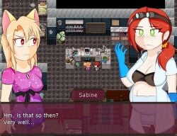 2girls blonde_hair cat_ears catgirl english english_text freckles game_screenshot green_eyes kemonomimi labcoat large_breasts medium_breasts multiple_pregnancies nekomatic nipples_visible_through_clothing ponytail pregnant ready_to_pop red_eyes red_hair rpg_maker scientist see-through_bra tied_hair