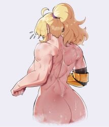 1girls back_muscles back_view backboob big_ass big_breasts completely_nude hentaly mechanical_arm muscular_female rwby white_background yang_xiao_long