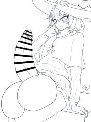 1futa balls balls_expansion bar_censor blush censored clothed clothing erection futa_only futanari getting_erect gigantic_testicles hat huge_cock human intersex line_art monochrome mostly_clothed oversized_balls penis penis_expansion semo sitting skirt small_breasts solo thick_thighs