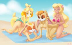 absurd_res animal_crossing anthro ass ass_up beach bikini blonde_hair breasts callie_briggs canid canine canis closed_eyes clothing cream_the_rabbit daughter domestic_dog embarrassed execution felid feline female female/female glamourpink hair hand_on_butt hanna-barbera hi_res humiliation imminent_death imminent_orgasm isabelle_(animal_crossing) killer_lotion killing lagomorph leaning leaning_forward leporid mammal mask massage moan mother mother_and_child mother_and_daughter nintendo nipples nude nude_beach one-piece_swimsuit parent parent_and_child peril punishment rabbit relaxing rubbing seaside sega sitting snuff sonic_(series) sonic_the_hedgehog_(series) summer sunbathing swat_kats swimwear towel vanilla_the_rabbit video_games yellow_body yellow_skin