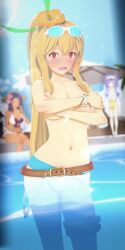 3d 3girls bikini_malfunction blue_hair blush cygames dark_skin dragalia_lost elisanne embarrassed estelle_(dragalia_lost) junazura koikatsu light_skin long_hair nintendo pink_eyes pool purple_hair swimming_pool swimsuit topless verica wardrobe_malfunction