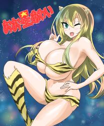 1girls big_breasts blonde_hair green_eyes huge_breasts lum_(cosplay) oni_horns oohoshi_awai oro_(zetsubou_girl) overflowing_breasts saki solo solo_female tagme urusei_yatsura wink