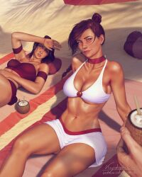 2girls abs alcohol alternate_version_available areolae arm_support artist_signature asian_female athletic_female auburn_hair avatar_the_last_airbender beach beach_towel bikini blue_eyes braid breasts brown_hair choker clothing coconut coconut_drink collar collarbones drinking_straw female fit_female grey_eyes hazel_eyes head_on_pillow head_tilt holding_object krysdecker krystopher_decker large_breasts looking_at_viewer multiple_girls navel nipples nude outdoors pina_colada red_bikini red_choker red_swimsuit single_braid straight_hair strapless strapless_bikini strapless_swimsuit suki summer sunbathing sweat swimsuit tanned_female tanned_skin thick_thighs tied_hair toned_female topknot towel two_piece_swimsuit ty_lee umbrella vagina white_bikini white_swimsuit