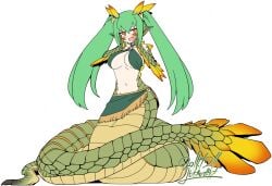 1girls blush breasts capcom fang female green_hair hands_on_own_cheeks hands_on_own_face lamia monster_girl monster_hunter najarala open_mouth pointy_ears snake_girl solo solo_female tagme yoshida_hd