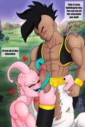 2boys balls blush chocolate closed_eyes dark-skinned_male dark_skin dick dragon_ball dragon_ball_z erection fangs gay gay_sex half-closed_eyes heart hearts human humanoid interspecie kid_buu kidpunk16 long_tongue looking_at_another looking_at_penis majin_buu male male/male male_only muscular muscular_male outdoors red_eyes ripped_clothing ripped_pants sex tongue tongue_out tonguejob torn_clothes uub warrior yaoi