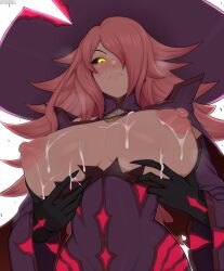 1girls afrobull areola areolae artist_name big_breasts black_sclera blazblue blush breasts breasts_out clothes cum cum_on_breasts female female_only gloves hat hips konoe_a_mercury large_breasts long_hair looking_at_viewer mature_female mature_woman maturer milf nine_the_phantom nipples one_eye_obstructed pink_hair presenting solo solo_female sweat thighs tight_clothing watermark white_background witch witch_hat yellow_eyes