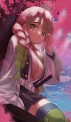 big_breasts braided_hair cleavage demon_slayer female female_only fully_clothed green_eyes haori kanroji_mitsuri katana kimetsu_no_yaiba long_hair looking_at_viewer mole_under_eye no_bra open_shirt pink_hair pleated_skirt revealing_clothes smile solo sword thighhighs torriet two_tone_hair uniform zettai_ryouiki