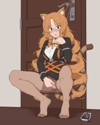 :o absurdres animal_ears arknights asphyxiation autoerotic_asphyxiation black_jacket brown_pantyhose cellphone ch'en_(arknights) chen_(arknights) doorknob female female_masturbation fingering green_eyes highres jacket looking_at_viewer masturbation no_pants orange_hair pantyhose phone pussy rope shirt smartphone solo swire_(arknights) tail tiger_ears tiger_girl tiger_tail torn_pantyhose urgo_(gdns4584) white_shirt