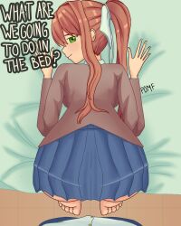 1boy 1girls anon bed bedroom bent_over brown_hair doki_doki_literature_club feet female green_eyes hands_on_bed imminent_sex long_hair looking_back male monika_(doki_doki_literature_club) ponytail pov pov_eye_contact school_uniform schoolgirl smiling smiling_at_viewer sound_effects text toes