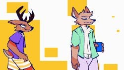 16:9 animated anthro assisted_exposure canid canine canis cantio_(lawyerdog) cervid coyote duo lawyerdog male male_only mammal panko_(lawyerdog) pantsing shocked_expression short_playtime staggermidnight tail_motion widescreen