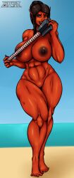 1girls abs beach female huge_breasts muscular_female orc orc_female red_skin romman08