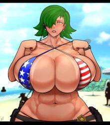 1girls 4th_of_july abs alternate_version_available american_flag american_flag_bikini avis_(strangehero) belt big_breasts blue_eyes breasts_bigger_than_head duty_belt female female_only green_hair gun holster hourglass_figure huge_breasts muscular muscular_female solo strangehero tagme tan_body tan_skin tanline tight_bikini tight_fit weapon white_body white_skin