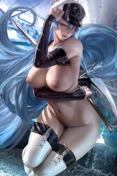 1girls akame_ga_kill! alternate_version_available artist_signature big_breasts blue_hair breasts curvaceous curvy esdeath_(akame_ga_kill!) female female_only hi_res highres huge_breasts human large_breasts long_hair looking_at_viewer military military_hat nipples patreon_reward pubic_hair seductive_look seductive_smile solo solo_female solo_focus thick_thighs very_high_resolution zumi