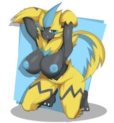 absurd_res anthro areola blue_eyes breasts cannedtaco felid female fur hi_res legendary_pokémon mammal nintendo nipples nude pokémon_(species) pokemon pokemon_only smile solo video_games yellow_body yellow_fur zeraora