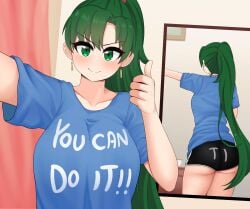 1girls ass bare_thighs big_breasts breasts earrings english_text female female_only fire_emblem fire_emblem:_the_blazing_blade green_hair large_ass long_hair looking_at_viewer lyn_(fire_emblem) nintendo ponytail reflection selfie smile solo text the_only_shoe thick_thighs thighs thumbs_up very_long_hair