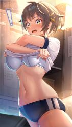 13_sentinels:_aegis_rim belly belly_button big_breasts blush bra breasts embarrassed flustered juusan_kihei_bouei_ken large_breasts legs minami_natsuno nada_(artist) natsuno_minami shirt_lift shirt_up sportswear suprised suprised_eyes suprised_look surprised_expression sweating tagme thick thighs tummy undressing