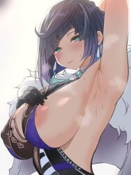 1girls 2022 aether_(genshin_impact) areola_slip areolae ariso_kaoru arm_up armpit_fetish armpits black_hair blue_hair blush breasts female female_only genshin_impact green_eyes huge_breasts large_areolae looking_at_viewer naughty_face nipples short_hair smelly_armpits smile steam steaming_body suggestive_look sweat sweaty_body two_tone_hair yelan_(genshin_impact)