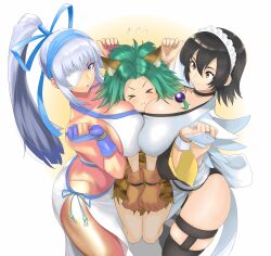 3girls absurdres age_difference anagumasan animal_ears animal_hands between_breasts black_hair breast_press breast_squeeze breasts cat_girl cham_cham closed_eyes dark-skinned_female dark_skin female female_only girl_sandwich green_hair head_between_breasts highres huge_breasts iroha large_breasts long_hair looking_at_viewer maid maid_headdress majikina_mina medium_hair multiple_girls ponytail recolor resized samurai_shodown sandwiched short_hair silver_hair snk third-party_edit upscaled yuri