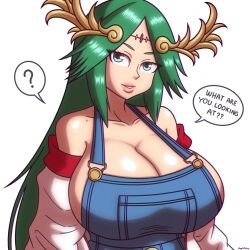 1girls ? beg4cake big_breasts blue_eyes blue_overalls breasts clothed clothing confused confused_look female green_hair horny huge_breasts kid_icarus kid_icarus_uprising long_hair looking_at_viewer nintendo no_bra overalls palutena pink_lips pink_lipstick shiny_breasts shiny_hair shiny_skin text text_bubble