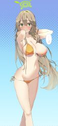 !? ... absurdres bangs bikini blue_archive blush breasts closed_mouth female green_eyes hair_between_eyes halo hands_in_hair harenchi highres large_breasts long_hair looking_at_viewer nonomi_(blue_archive) nonomi_(swimsuit)_(blue_archive) nose_blush orange_bikini side-tie_bikini simple_background solo speech_bubble sweat swimsuit tears untied untied_bikini very_long_hair