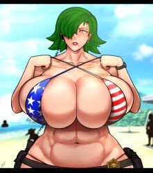 1girls 4th_of_july abs alternate_version_available american_flag american_flag_bikini avis_(strangehero) belt big_breasts blue_eyes breasts_bigger_than_head duty_belt female female_only green_hair gun holster hourglass_figure huge_breasts micro_bikini muscular muscular_female solo strangehero tagme tight_bikini tight_fit weapon white_body white_skin