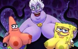 1girls 2boys big_breasts crossover cursed disney female male_with_breasts nickelodeon patrick_star sea_sponge smooth_skin spongebob_squarepants spongebob_squarepants_(character) starfish tentacle the_little_mermaid topless touching_breast underwater ursula ursula_(the_little_mermaid)