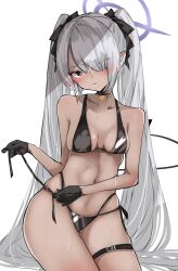 bangs bikini black_bikini black_gloves black_ribbon blue_archive blush breasts chigasaki_yukari choker dark-skinned_female dark_skin female gehenna_academy_student gloves grey_hair hair_over_one_eye hair_ribbon halo highres iori_(blue_archive) iori_(swimsuit)_(blue_archive) long_hair looking_at_viewer medium_breasts parted_lips red_eyes ribbon side-tie_bikini solo swimsuit thigh_strap twintails untying very_long_hair wet