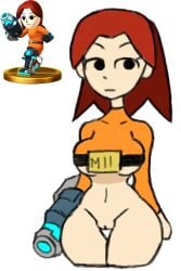 amiibo emotionless hourglass_figure mii mii_gunner mii_gunner_(smash_4) mob_face no_panties no_pants o_o pantsless pussy wallstapless