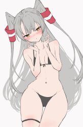 amatsukaze_(kantai_collection) bangs bikini black_bikini blush breasts chigasaki_yukari female grey_background grey_hair hair_tubes highres kantai_collection long_hair looking_at_viewer orange_eyes simple_background small_breasts solo swimsuit thigh_strap two_side_up very_long_hair